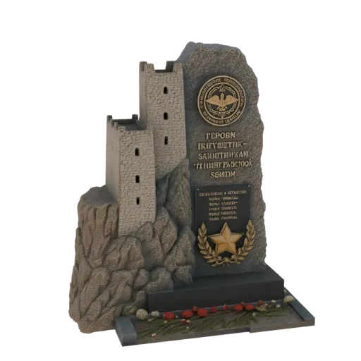 3D модель каменного памятника с двумя башнями в средневековом стиле, скалистым основанием, надписями кириллицей и золотой зве