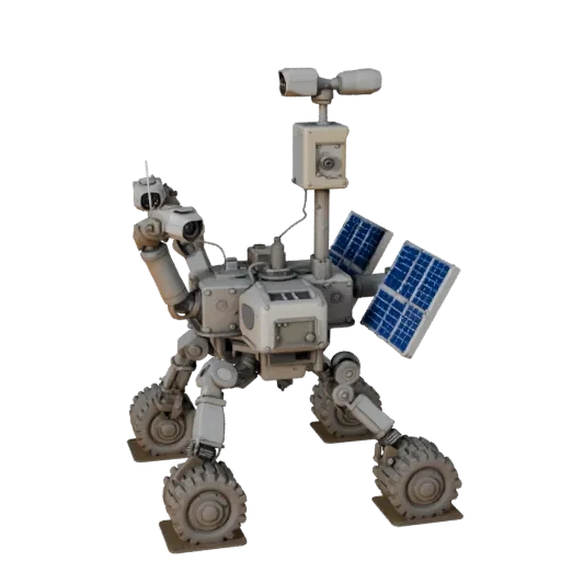 3D-модель Сборщика образцов "Prospector", вид спереди три четверти, вьюпорт Unity, с пыльными колесами, положением транспортн