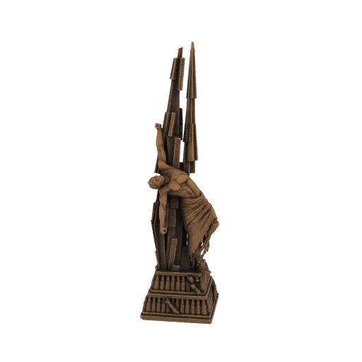3D модель бронзового памятника с фигурой павшего героя, склонившегося над острыми угловатыми структурами, с детализированным