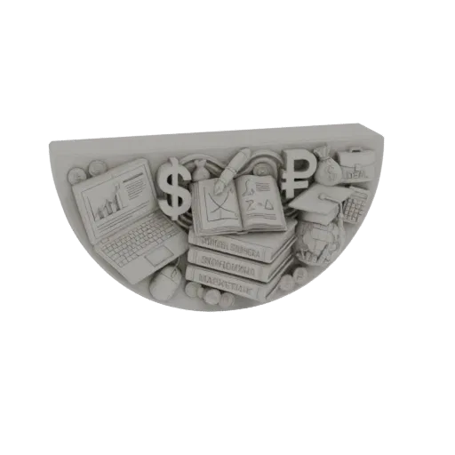 3D рельефная скульптура с ноутбуком, книгами, символами валют и шапкой выпускника, символизирующая образование и финансы.