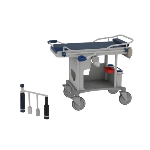 3D-модель тележки для неотложной медицинской помощи, вид спереди три четверти, рендер студии AR Viewer, показывающий окрашенн