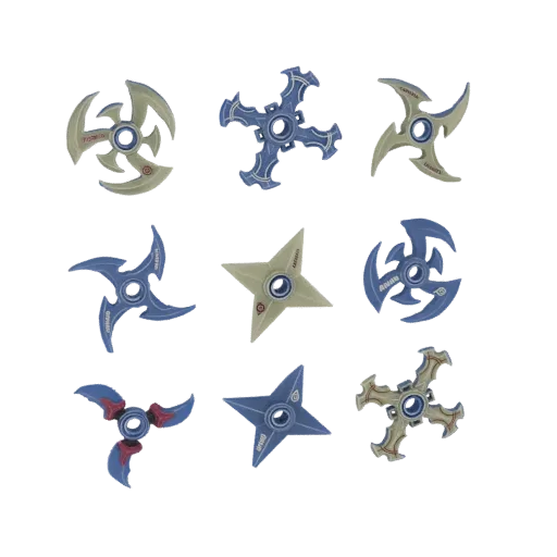 Сетка из девяти различных 3D моделей, каждая из которых изображает стилизованный ниндзя-сюрикен с уникальными формами лезвий