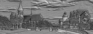 3D модель барельефа "Кант" с изображением городской архитектуры, включая здания, мост и деревья