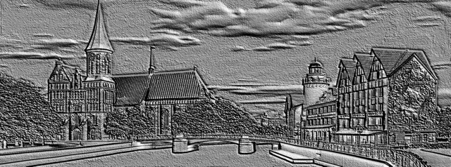 3D модель барельефа "Кант" с изображением городской архитектуры, включая здания, мост и деревья