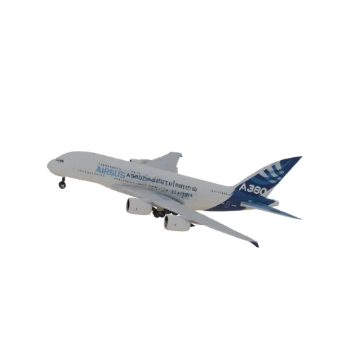 3D модель белого пассажирского самолета Airbus A380 с синими акцентами на хвосте, показана в полете.