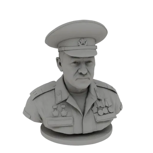 Рендер 3D модели серого бюста советского военачальника в фуражке с множеством медалей.