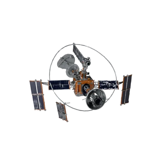 3D-модель Навигационный орбитальный телескоп, вид спереди три четверти, вьюпорт Unity, показаны солнечные панели, детали форм