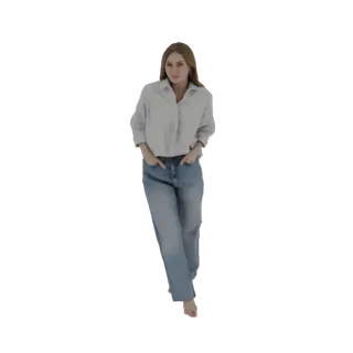 3D модель женщины с длинными каштановыми волосами в голубой рубашке и джинсах, стоящей с руками в карманах.