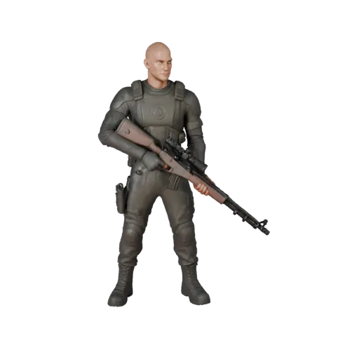 3D модель персонажа вражеского снайпера Sci Fi Assault, вид вьюпорта движка, готовый к анимации ассет с позой стоя; винтовка,