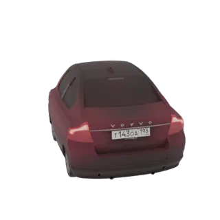 3D модель красного седана Volvo, вид сзади слева, показывающий задние фонари и номерной знак.