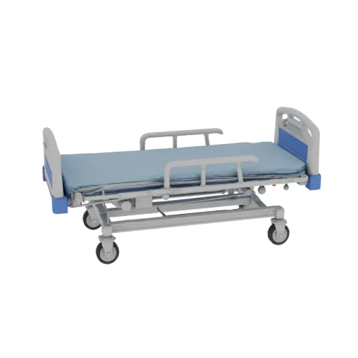 3D-модель больничной койки, вид сбоку, технический рендер, показывающий окрашенный металл, клинический силуэт.