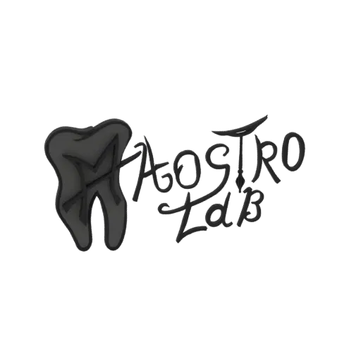 3D-модель стилизованного зуба с текстом 'M-Aostro Lab' плавным шрифтом, на черном фоне.