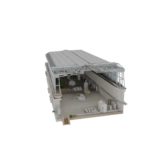 3D модель интерьера промышленного склада, показывающая оборудование, стеллажи и конструкцию крыши.