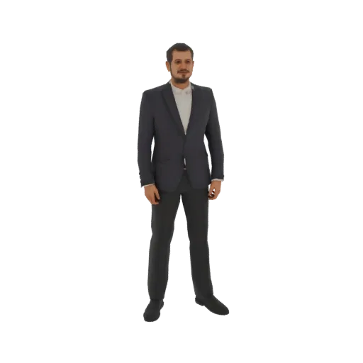 3D модель мужчины в темном костюме и белой рубашке, стоящего с руками по бокам.