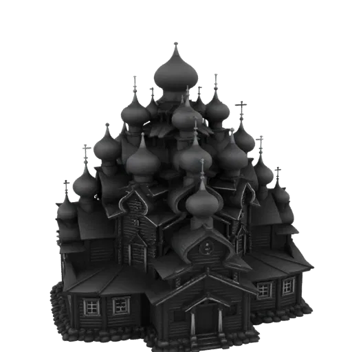 3D модель темной, детализированной православной церкви с множеством луковичных куполов и крестов на белом фоне.