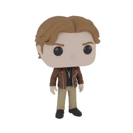 3D модель персонажа в стиле Funko Pop в коричневой кожаной куртке, черной рубашке и бежевых брюках, с крестиком.