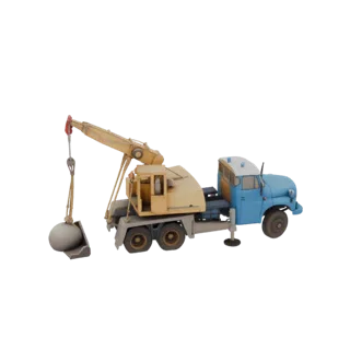 3D модель сине-желтого автокрана Татра 148 AD20 с большим шаром на кране.