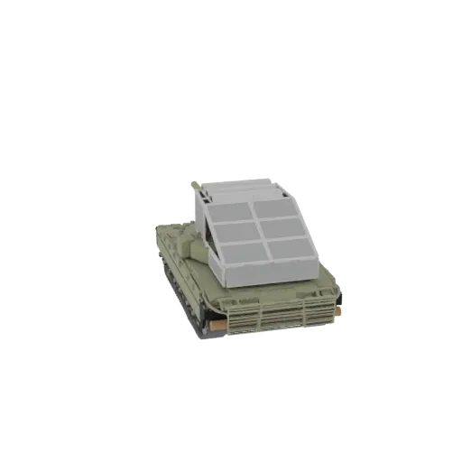 3D модель M270 РСЗО с поднятыми ракетными блоками на черном фоне.