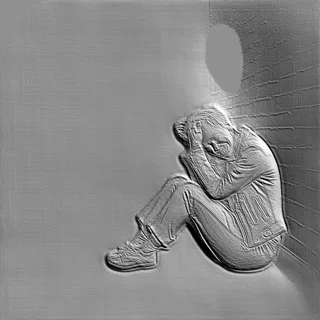 3D модель барельефа, изображающая скорбящую фигуру, сидящую в углу с руками, прижатыми к лицу.
