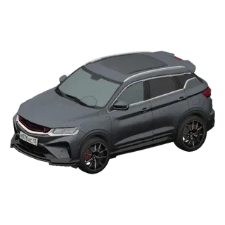 3D модель серого Geely Coolray SUV, вид с немного приподнятого переднего ракурса на черном фоне.