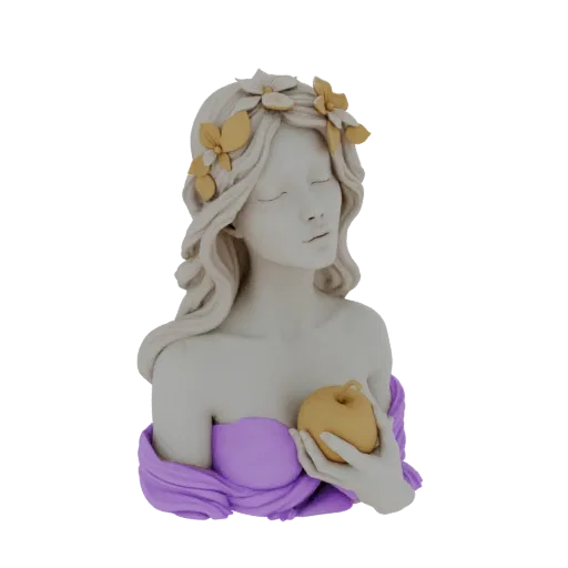 3D модель безмятежного бюста женщины с закрытыми глазами, в цветочном венке, с золотым яблоком, в фиолетовой ткани.