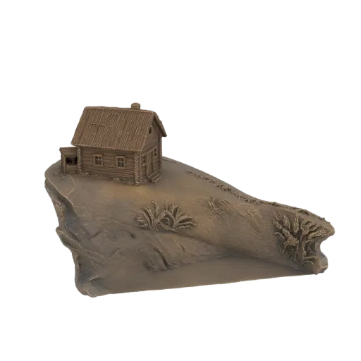 3D модель деревенской хижины на скалистом утесе с сухой травой, вид сбоку.