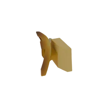 A 3D render of an abstract geometric sculpture with curved and angular elements, presented in a bright yellow hue against a w