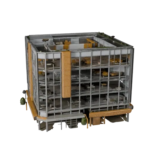 Реалистичная 3D модель офисного здания коворкинга, вид с трех четвертей снаружи, показывающий материалы коммерческого офисног