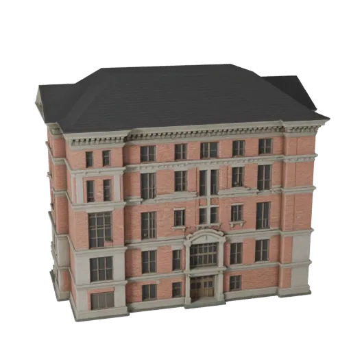 Высокополигональная 3D-модель колониального дома, крупный план архитектурного рендера, показывающий материалы жилого дома и а