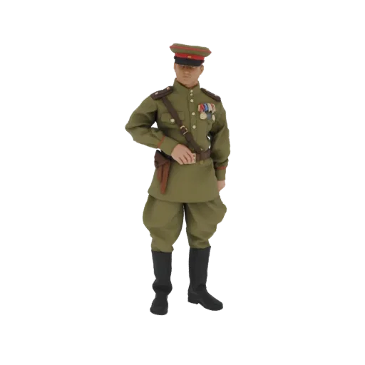 3D модель советского офицера в зеленой форме с медалями и фуражкой, стоящего по стойке смирно.