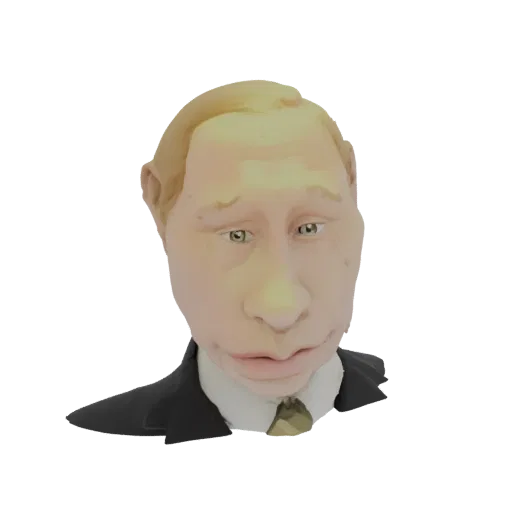 3D модель бюста-карикатуры Владимира Путина в костюме и галстуке, с преувеличенными чертами лица.