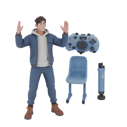 3D модель стилизованного современного мужчины в синей куртке и джинсах, держащего синий контроллер камеры, рядом с синим стул