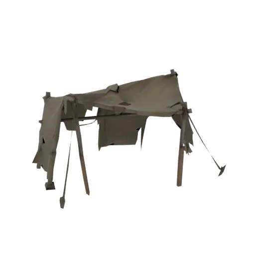 3D модель выветренной, потрёпанной военной палатки с деревянными шестами и рваным брезентом на белом фоне.