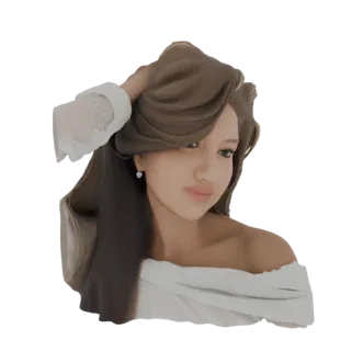 3D model of a young woman's bust, featuring her hand in her long, flowing brown hair and wearing an off-the-shoulder white to