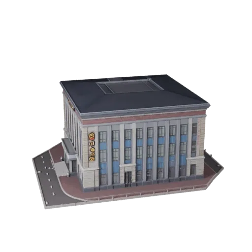 Стилизованная 3D модель полицейской станции, изометрический вид стилизованной игровой среды, показывающий материалы общедосту