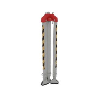 3D модель промышленной страховочной треноги с красной верхней частью и желто-черными полосатыми ножками, показанная на белом