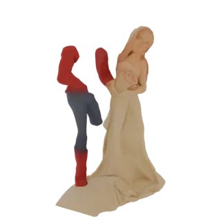 3D модель танцующей пары, женщина в струящемся платье, мужчина в красно-синем наряде, на декоративной подставке.