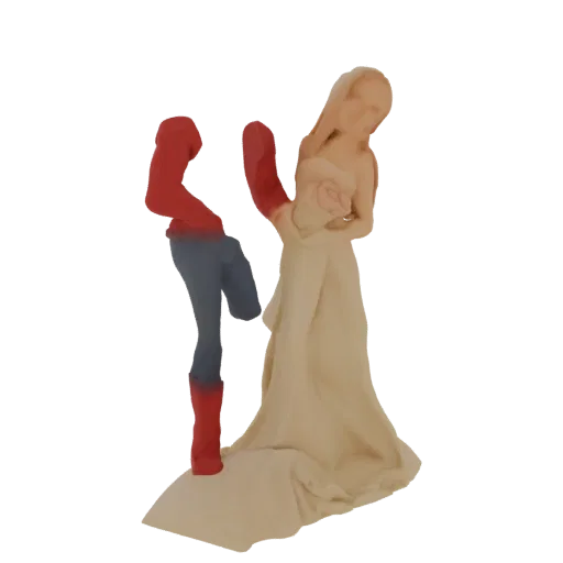 3D модель танцующей пары, женщина в струящемся платье, мужчина в красно-синем наряде, на декоративной подставке.