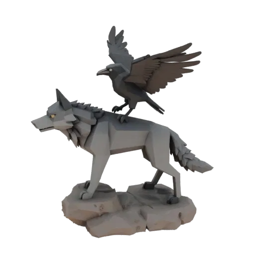 Низкополигональная 3D-модель серого волка, стоящего на камне, с черным вороном с распахнутыми крыльями на спине.