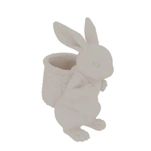 3D модель матового керамического пасхального кролика с плетеной корзиной, подходит для 3D-печати и цифрового использования.