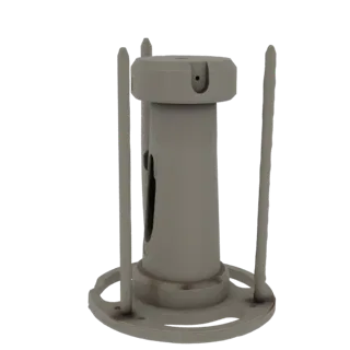 3D модель серого промышленного фитинга с четырьмя опорными стержнями и круглым основанием на белом фоне.