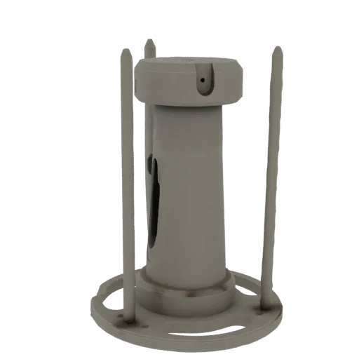 3D модель серого промышленного фитинга с четырьмя опорными стержнями и круглым основанием на белом фоне.