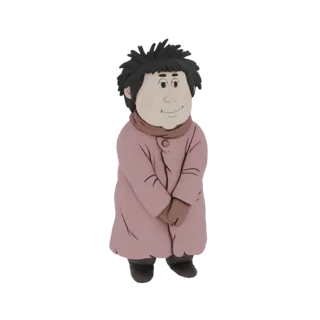 3D модель пухлого мультяшного мальчика в розовом пальто и коричневом шарфе, с темными растрепанными волосами и дружелюбной ул