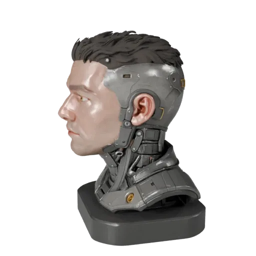 Высокополигональная 3D-модель бюста робота-портрета, показывающая плоскости лица, студийный вид крупным планом, силуэт и дета