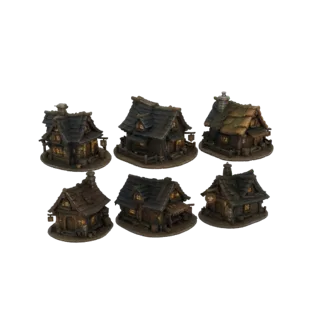 Коллекция из шести 3D моделей деревенских домов средневековья, расположенных в два ряда по три, на белом фоне.