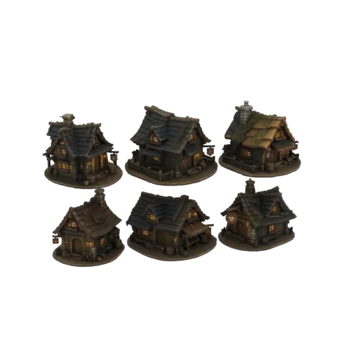 Коллекция из шести 3D моделей деревенских домов средневековья, расположенных в два ряда по три, на белом фоне.