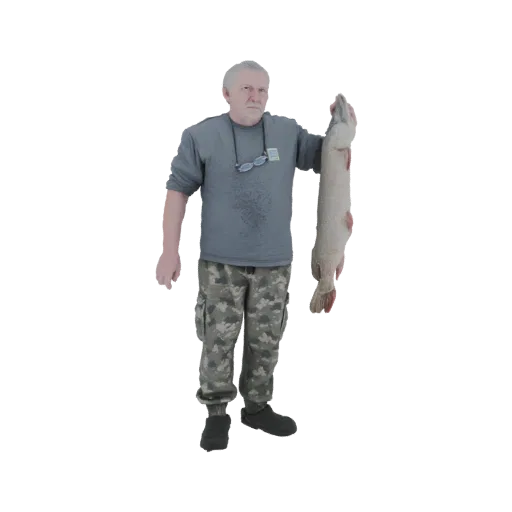 3D модель рыбака средних лет с седыми волосами, в футболке и камуфляжных штанах, держащего большую щуку.