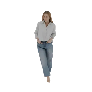 3D модель женщины со светлыми волосами в светло-голубой рубашке и синих джинсах, стоящей с руками в карманах.