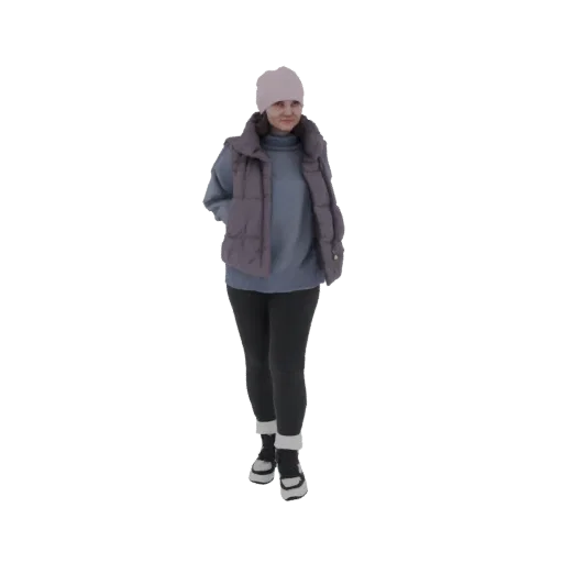 3D модель женщины, стоящей с руками в карманах, в розовой шапке, сером пуховике, синей водолазке, черных леггинсах и зимних б