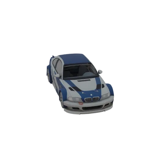 3D модель сине-белого гоночного автомобиля BMW M3 GTR E46 с гоночными наклейками, вид с немного приподнятого передне-правого